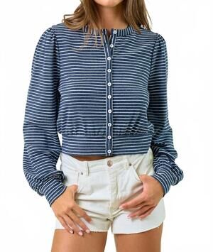 NEW DOE AND RAE striped knit button-front blouson top in indigo